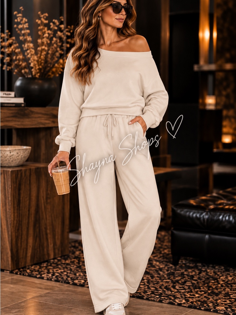 Zenana Bone Scuba Cropped Boat Neck Pullover & Wide Leg Pants Set